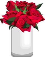 Bunch of red roses with greenery in white clay vase. Isolated on white background vector