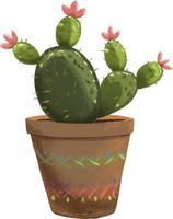 Ilustración de vector de opuntia de planta de interior en maceta. suculento en estilo texturado moderno. aislado sobre fondo blanco