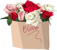 Lush bunch of red, white and pink roses in paper bag. Bloom wording. Isolated on white background vector
