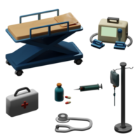 L'ensemble paramédical en rendu 3d comprend le lit du patient, un stéthoscope, un sac de médicaments, une perfusion, un défibrillateur parfait pour un projet de conception png
