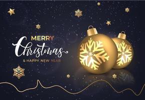 Modern merry christmas and happy new year background with golden stars bubbles snowflakes. vector