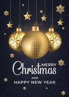 Merry Christmas and Happy new year poster template. Glowing lights stars bubbles for Xmas Holiday. Vector illustration template.