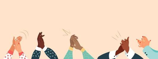 Hands of multicultural people Clapping. Concept of happy Audience appreciation, congratulate Applause, Success. Flat vector illustration with place for you text.