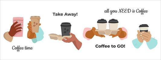 Set of Diverse Hands of multicultural people holding Coffee cups. Concept of Coffee to go. Breakfast hot drinks and beverage. Flat vector cartoon illustration isolated on white.