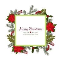 Christmas card with an inscription decorated with red Poinsettia flowers, berries and branches of the Christmas tree. Square frame for greeting, greeting or design. Vector illustration. EPS10