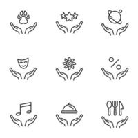 Set of modern outline symbols for internet stores, shops, banners, adverts. Vector isolated line icons of paw, star, planet, theatrical mask, flower, percent, sound over hands