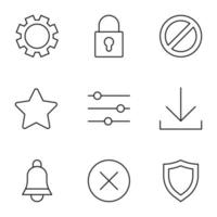 Set of modern outline symbols for internet stores, shops, banners, adverts. Vector isolated line icons of gear, lock, stop sign, indicator, download, bell, cross, armor