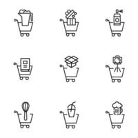 Set of modern outline symbols for internet stores, shops, banners, adverts. Vector isolated line icons of hearts, box, dye, camera, mixer, drink, beer in shopping cart