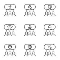 Set of modern outline symbols for internet stores, shops, banners, adverts. Vector isolated line icons of various items inside of speech bubble over group of people