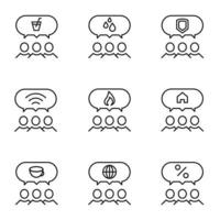 Set of modern outline symbols for internet stores, shops, banners, adverts. Vector isolated line icons of various items inside of speech bubble over group of people