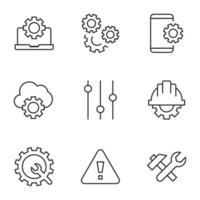 Set of modern outline symbols for internet stores, shops, banners, adverts. Vector isolated line icons of laptop and phone by gear, indicator, screwdriver, spanner, exclamation