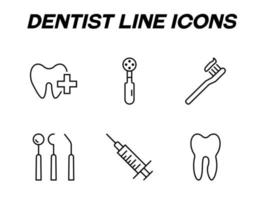 Monochrome signs in flat style for stores, shops, web sites. Editable stroke. Vector line icon set with symbols of cross by tooth, toothbrush, stomatologist tools, syringe