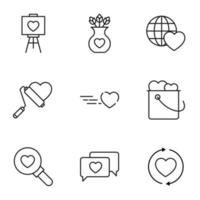 Set of modern outline symbols for internet stores, shops, banners, adverts. Vector isolated line icons of heart on canvas, vase, globe, paint roller, bucket, magnifying glass