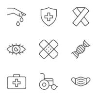 Set of modern outline symbols for internet stores, shops, banners, adverts. Vector isolated line icons of wound, injury, pink ribbon, eye, medical tape, dna, suitcase, wheelchair