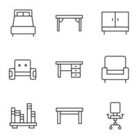 conjunto de símbolos de contorno modernos para tiendas de Internet, tiendas, pancartas, anuncios. iconos de línea aislados vectoriales de cama, escritorio de oficina, armario, silla, mesa, estantería vector