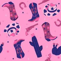 Seamless pattern with cowboy boots, hats, cacti, pistols. Vector graphics.