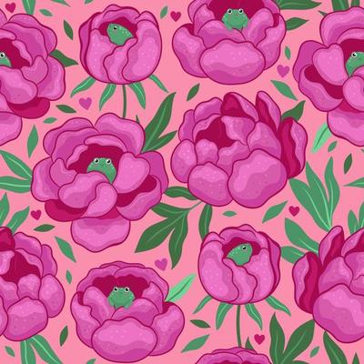 Seamless pattern with frogs sitting in flowers. Vector graphics.