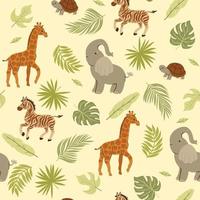 patrón impecable con lindos elefantes, tortugas, jirafas, cebras y hojas tropicales. gráficos vectoriales vector