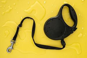 Black retractable leash for walking with a dog in the water on a yellow background. Concept of walking with pets in bad weather. Top view. photo