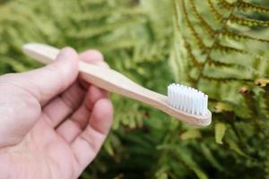 Hand holds a biodegradable bamboo toothbrush on a blurred background of fern leaves. Environmental care concept. photo