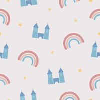 Seamless pattern with castle, rainbow and stars. For kids stuff, card, posters, banners, children books, printing on the pack, clothes, fabric, wallpaper, textile or dishes. vector