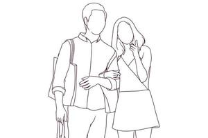 pareja feliz compras estilo dibujado a mano ilustración vectorial vector