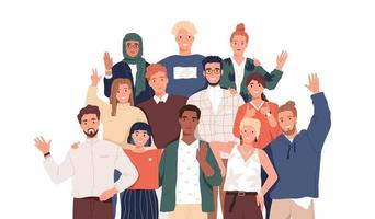 Multicultural team flat vector illustration. Unity in diversity. People of different nationalities and religions cartoon characters. Multinational society. Teamwork, cooperation, friendship concept.