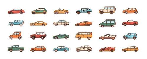 paquete de automóviles de diferentes estilos de configuración de carrocería: cabriolet, sedán, camioneta, hatchback, camioneta. conjunto de automóviles modernos o vehículos de motor de varios tipos. ilustración vectorial en estilo de arte de línea. vector