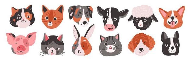 conjunto de animales domésticos divertidos felices o mascotas de granja. diferentes caras, bozales, cabezas o avatares. gatos, perros, ovejas, vacas, cerdos, conejos o liebres. ilustración de dibujos animados de vector plano aislado sobre fondo blanco.