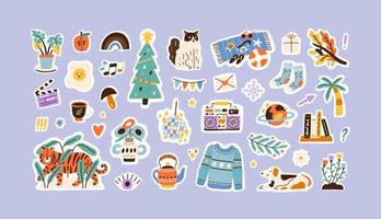 Set of colorful hand drawn stickers vector flat illustration. Collection of different decoration for weekly or daily planner and diaries isolated. Funny signs, symbols, objects and image templates.