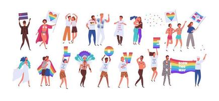 Crowd of people taking part in pride parade. Men and women at street demonstration for LGBT rights. Group of gay, lesbian, bisexual, transgender activists. Colorful vector illustration in flat style.