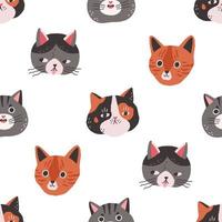 Seamless pattern with cute cats faces on white background. Repeating feline texture with funny kittens heads in doodle style. Endless design with sweet kitties. Flat vector illustration for printing.