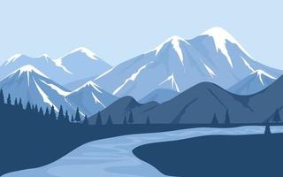 cordillera de los alpes con bosque de pinos y río. fondo de paisaje de valle de montaña vector