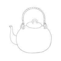 Teapot in oriental style simple doodle outline vector illustration, kitchen utensil for making hot drinks tea, coffee, hand drawn design element