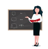 Female teacher in classroom. Smiling woman teacher standing by blackboard or chalkboard in the classroom. School and learning concept, teacher s day. vector