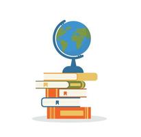 Concept illustration for education, books, university, student, research, school. Illustration in flat style. Books and globe vector