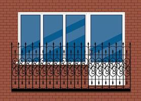 white plastic pvc window with door and balcony with black metal balcony rail, front view. isolated on a red brown brick wall background. Cartoon style flat design. vector