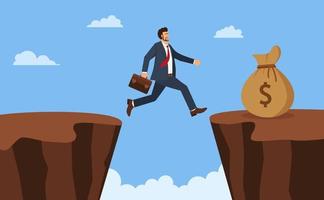 Businessman jump through the gap obstacles between hill success. Running and jump over cliffs. Business risk and success concept. Cartoon Vector Illustration.