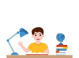 Boys are writing, kids doing homework, maths at home. Cartoon cute little boy in red shirt Siting on the desk. The concept of learning age. Vector illustrations isolated on white background.