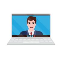 concepto de reunión en línea de seminario web, trabajo remoto o trabajo desde casa y en cualquier lugar, hombre que usa videoconferencia a través de la pantalla de una computadora portátil, ilustración vectorial plana vector