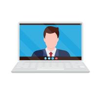 concepto de reunión en línea de seminario web, trabajo remoto o trabajo desde casa y en cualquier lugar, hombre que usa videoconferencia a través de la pantalla de una computadora portátil, ilustración vectorial plana vector