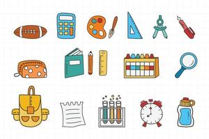 Set of Back to School icons isolated on white grid background. Vector of the many icons on the topic of education equipment and school.