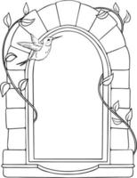 Brick arch with vines sketch. Black and white vector drawing. For coloring and design books.