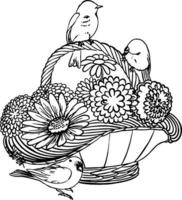 Basket of flowers birds. Black and white vector drawing. For coloring and design books.