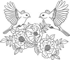 Two birds over flowers sketch. Black and white vector drawing. For coloring and design books.