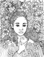 Cute African little girl bw vector surrounded by flowers. With a pigeon in her arms. Vector black and white illustration for coloring and illustration books.