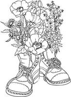Sketch of summer flowers in bots. Black and white vector drawing. For coloring books and for design.