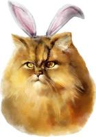 Fluffy cat with bunny ears watercolor hand-drawn vector drawing. Realistic isolated on transparent background.