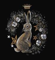 New Year's bunny drawn with colored markers on black background. Vector illustration. Image tracing.