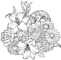 Bouquet of lily, daisy flowers sketch. Black and white vector drawing. For colouring books and for design.